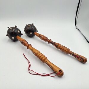 Pair Vintage Hand Carved Wooden Spiked Mace Bulava Folk Art Medieval Morningstar